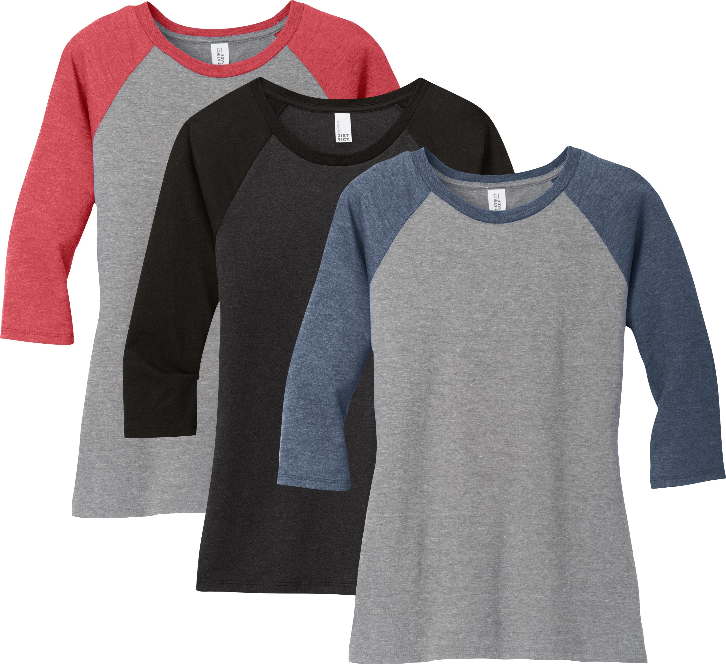 District Made DM136L Women Perfect Tri 3/4-Sleeve Raglan Navy Frost/ Grey Frost XS